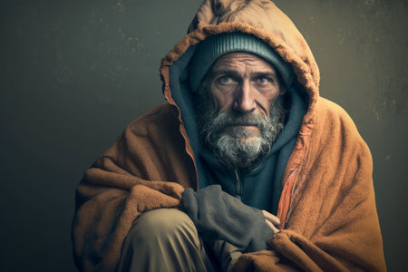 Homeless poor beggar senior man with gray hair. solid studio backgroundの素材