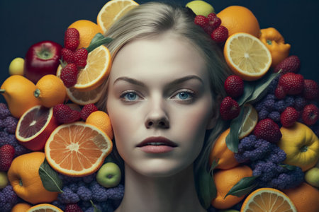 Female head decorated with fruits and vegetables. Healthy eating, diet, active lifestyle concept.の素材