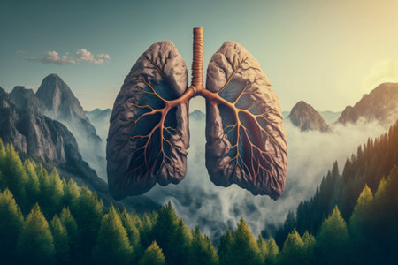 Human lungs in the beautiful mountain landscape. abstract illustration. Health, Respiratory system health concept. breathing.の素材