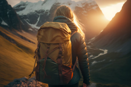 Traveler hiker camper woman wearing Big Trekking Backpack. Viewed from the back. mountains landscape. Hiking, trekking, backpacking, camping in the mountains concept. beautiful sunset sunrise lightの素材