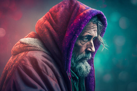 Homeless poor beggar senior man with gray hair. solid studio backgroundの素材