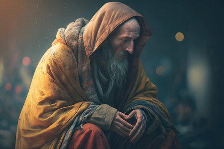 Homeless poor beggar senior man with gray hair. solid studio backgroundの素材