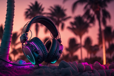 DJ headphones are on the outdoors table. In a cafe or restaurant. neon light. Palm trees on the background. Summer vacation on the beach by the sea, ocean. party. copyspace.の素材