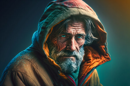 Homeless poor beggar senior man with gray hair. solid studio backgroundの素材