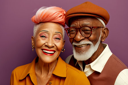 Trendy attractive smiling diverse senior mature elder couple isolated on solid color studio backgroundの素材