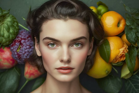 Female head decorated with fruits and vegetables. Healthy eating, diet, active lifestyle concept.の素材