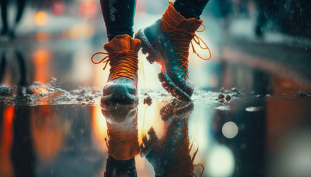 Sneaker shoes, feet close-up. Wet rainy weather, puddles. Runner makes a morning run in a city street. Jogging, running, wellness, fitness, health concept. city landscape blurred backgroundの素材