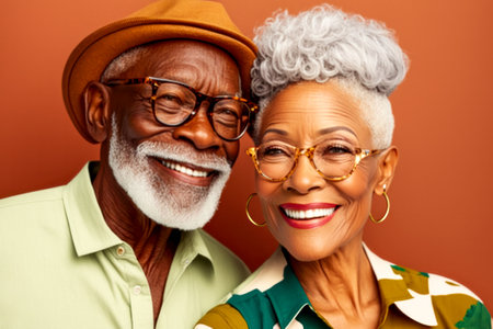 Trendy attractive smiling diverse senior mature elder couple isolated on solid color studio backgroundの素材