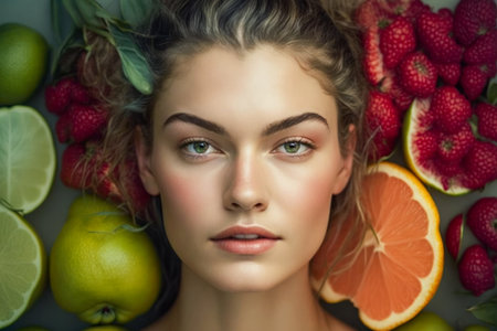 Female head decorated with fruits and vegetables. Healthy eating, diet, active lifestyle concept.の素材