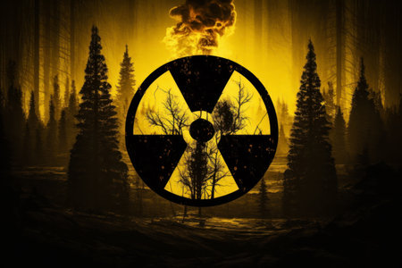 Radiation hazard sign, solid color background. Radioactive symbol. Symbo lof radioactive threat alert. dead forest background.の素材