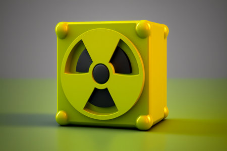 Radiation hazard sign in 3d style on solid color background. Radioactive symbol on studio backdrop. Symbol of radioactive threat alert.の素材