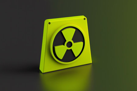 Radiation hazard sign in 3d style on solid color background. Radioactive symbol on studio backdrop. Symbol of radioactive threat alert.の素材