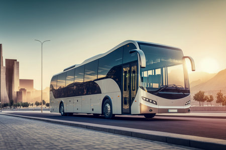 White Intercity bus rides on a highway.の素材