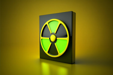Radiation hazard sign in 3d style on solid color background. Radioactive symbol on studio backdrop. Symbol of radioactive threat alert.の素材
