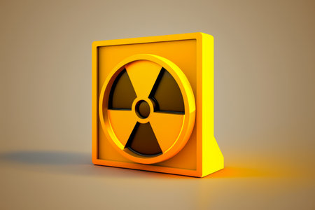 Radiation hazard sign in 3d style on solid color background. Radioactive symbol on studio backdrop. Symbol of radioactive threat alert.の素材