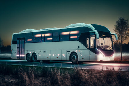 Intercity bus rides on a highway at night.の素材
