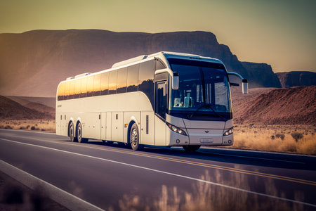 White Intercity bus rides on a highway.の素材