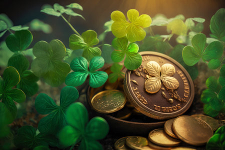Golden coins and a shamrock. Festive green bokeh blurred background. copyspace. Saint Patrick's day conceptの素材