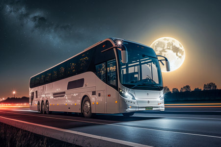 Intercity bus rides on a highway at night.の素材