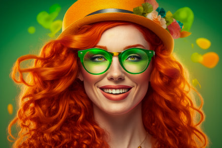 Modern trendy Saint Patrick's day woman. smile. Sunglasses.の素材