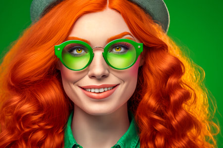 Modern trendy Saint Patrick's day woman. smile. Sunglasses.の素材