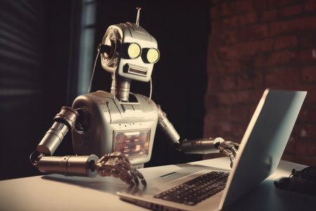 Robot took away the workplace from an office employee and now instead works as a clerk, doing boring monotonous work at a laptopの素材