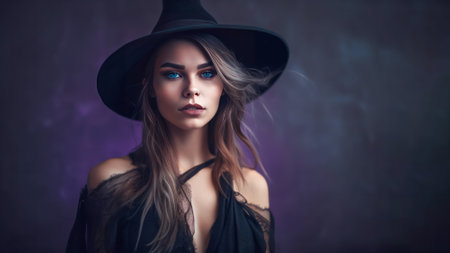 Attractive girl is dressed in a witch costume and a witchs hat. Smiling. Dark studio background. 16:9 aspect ratio, copy space..の素材