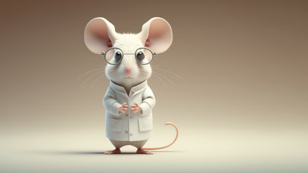 Scientist mouse in lab coat ready for science, medicine research. Laboratory blurred background. World Day For Animals In Laboratories, WDAIL, World Lab Animal Day, April 24. Concept illustration.の素材