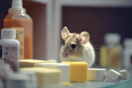 Mouse in science lab. Animal testing concept. Chemicals, pills, drugs, cosmetics. Science, medicine research. World Day For Animals In Laboratories, WDAIL, World Lab Animal Day, April 24.の素材