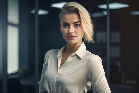 Beautiful young secretary woman smiling. Office blurred backgroundの素材