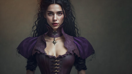 An attractive girl dressed up in a victorian gothic dress with a neckline for a Halloween party, Walpurgis night. 16:9 aspect ratio, copy spaceの素材