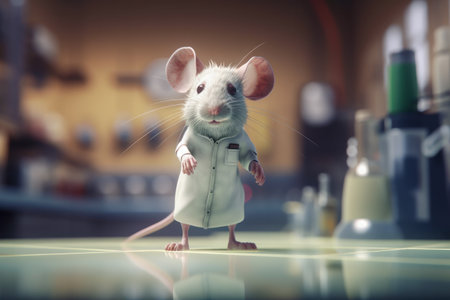 Scientist mouse in lab coat ready for science, medicine research. Laboratory blurred background. World Day For Animals In Laboratories, WDAIL, World Lab Animal Day, April 24. Concept illustrationの素材