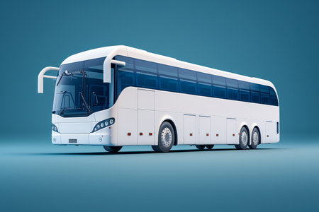 White intercity bus on solid blue background..の素材