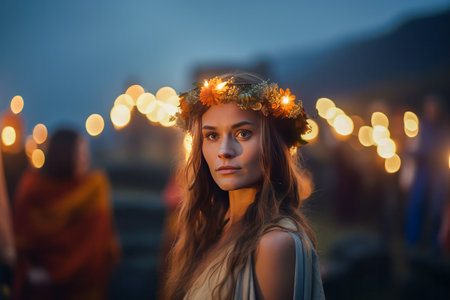 Beltane Celebration. Woman Participating in a Ritual Around a Bonfire. happy, beautiful, flirty girl enjoying the Beltane holiday ceremony.の素材