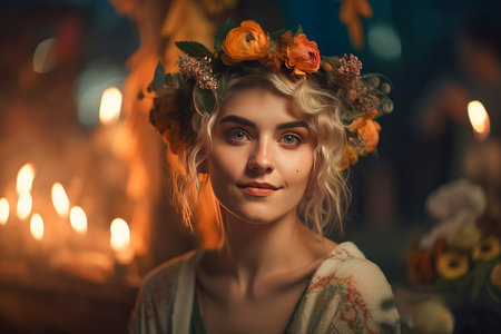 Beltane Celebration. Woman Participating in a Ritual Around a Bonfire. happy, beautiful, flirty girl enjoying the Beltane holiday ceremony.の素材