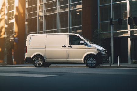 White cargo van, City street background.の素材