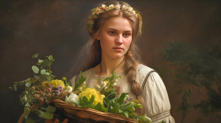 Beautiful Girl, Collecting Medicinal Herbs in Basket for Beltane May 1st Celebration. A lovely woman wearing traditional clothes, wrath of flowes, gathers a medicinal herbs in a basket.の素材