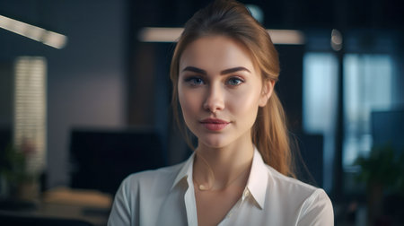 Beautiful young secretary woman smiling. Office blurred backgroundの素材