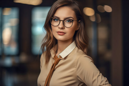 Beautiful young secretary woman wearing glasses. Office blurred backgroundの素材
