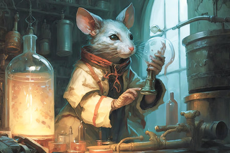 Scientist mouse in a lab coat ready for science, medicine research. Laboratory blurred background. Fantasy illustration. WDAIL, World Lab Animal Day, April 24.の素材