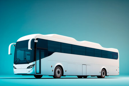 White intercity bus on solid blue background..の素材