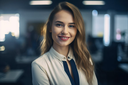Beautiful young secretary woman smiling. Office blurred backgroundの素材