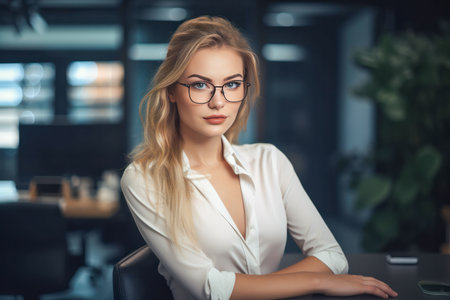 Beautiful young secretary woman wearing glasses. Office blurred backgroundの素材