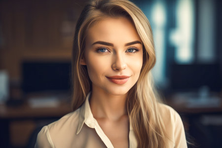 Beautiful young secretary woman smiling. Office blurred backgroundの素材