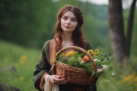 Beautiful Girl, Collecting Medicinal Herbs in Basket for Beltane May 1st Celebration. A lovely woman wearing traditional clothes, wrath of flowes, gathers a medicinal herbs in a basket.の素材