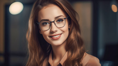 Beautiful young secretary woman wearing glasses. Office blurred backgroundの素材