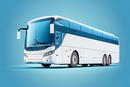 White intercity bus on solid blue background..の素材