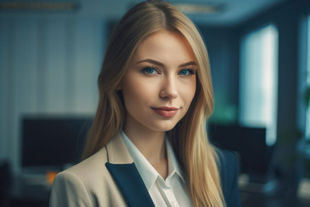 Beautiful young secretary woman smiling. Office blurred backgroundの素材