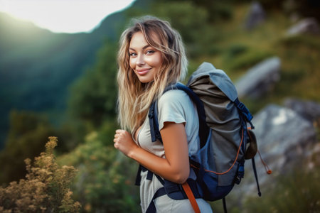 Beautiful hiker blonde girl. Mountain landscape blurred background. Big Trekking Backpack. Summer vacation trip to the mountains, camping conceptの素材