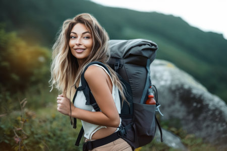 Beautiful hiker blonde girl. Mountain landscape blurred background. Big Trekking Backpack. Summer vacation trip to the mountains, camping conceptの素材